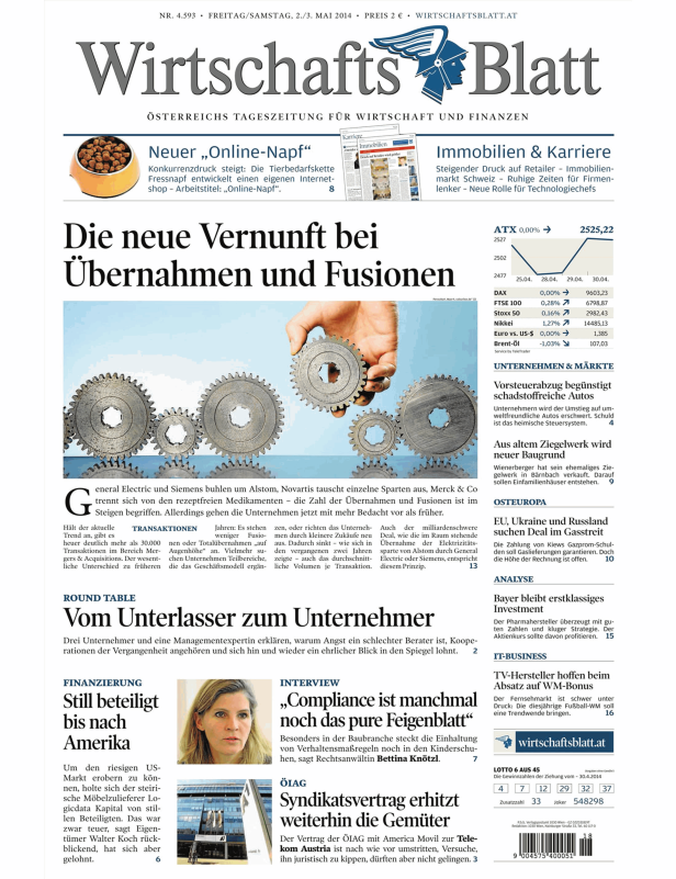 Titelseite des Wirtschaftsblatt vom 2./3. Mai 2014 mit Artikeln zu Wirtschaft und Finanzen.