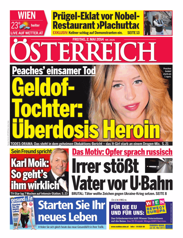 Titelseite der Zeitung „Österreich“ vom 2. Mai 2014 mit der Schlagzeile über den Tod von Peaches Geldof.