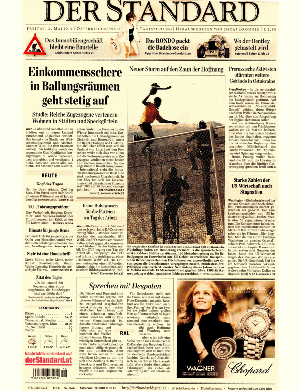 Titelseite der Zeitung „Der Standard“ vom 2. Mai 2014.