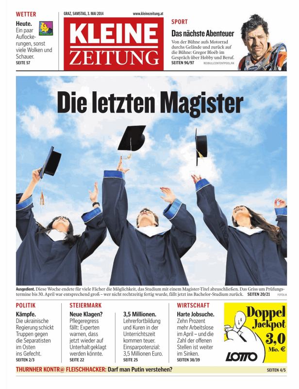 Titelseite der Kleinen Zeitung vom 3. Mai 2014 mit dem Titel „Die letzten Magister“.