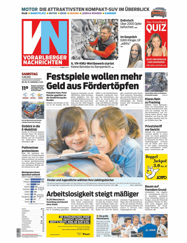 Titelseite der Vorarlberger Nachrichten vom 3. Mai 2014 mit Artikeln zu Festspielen, Arbeitslosigkeit und E-Mobilität.