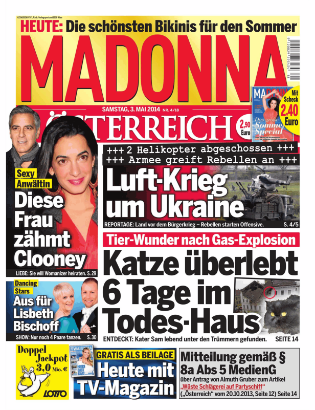 Titelseite der Zeitschrift „Madonna“ vom 3. Mai 2014 mit Schlagzeilen zu Luftkämpfen in der Ukraine und einer geretteten Katze.
