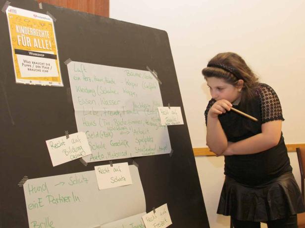 Ein Mädchen steht vor einer Tafel mit Stichpunkten zum Thema Kinderrechte.