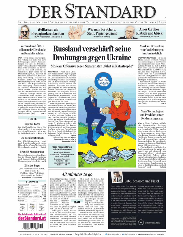 Titelseite der Zeitung „Der Standard“ vom 3./4. Mai 2014 mit Artikeln zu Weltkrisen, Russland und der Ukraine.