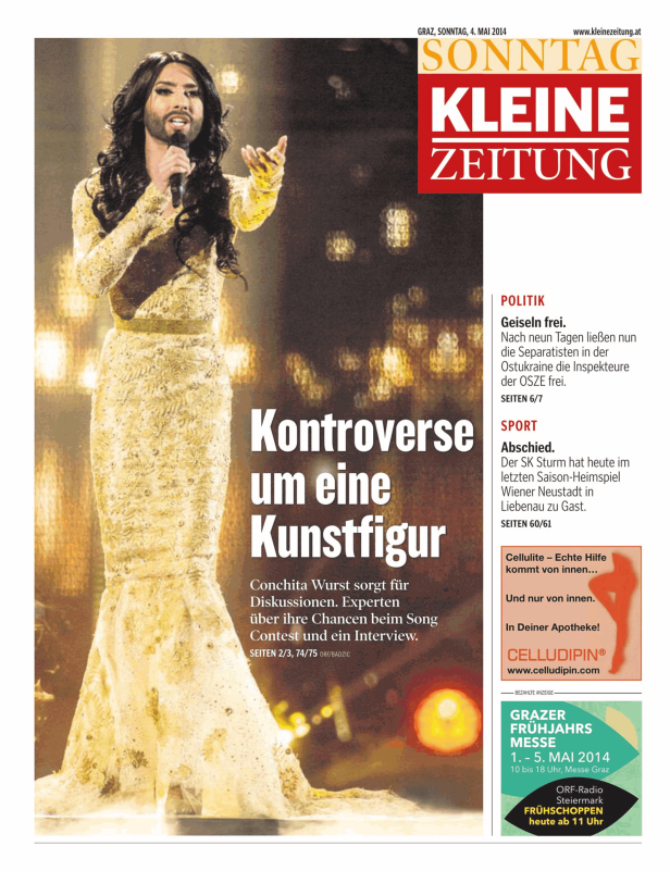 Conchita Wurst in einem goldenen Kleid auf der Titelseite der Kleinen Zeitung.