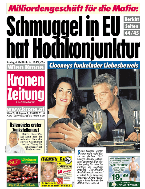 Titelseite der „Kronen Zeitung“ vom 4. Mai 2014 mit einem Artikel über George Clooney und Amal Alamuddin.