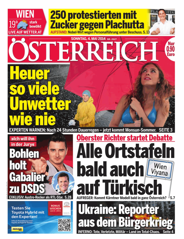 Titelseite der Zeitung „Österreich“ vom 4. Mai 2014 mit Artikeln zu Unwettern, DSDS und der Ukraine.