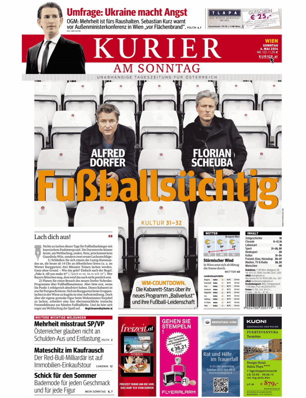 Titelseite des „Kurier am Sonntag“ mit Alfred Dorfer und Florian Scheuba, die ein Kabarettprogramm vorstellen.