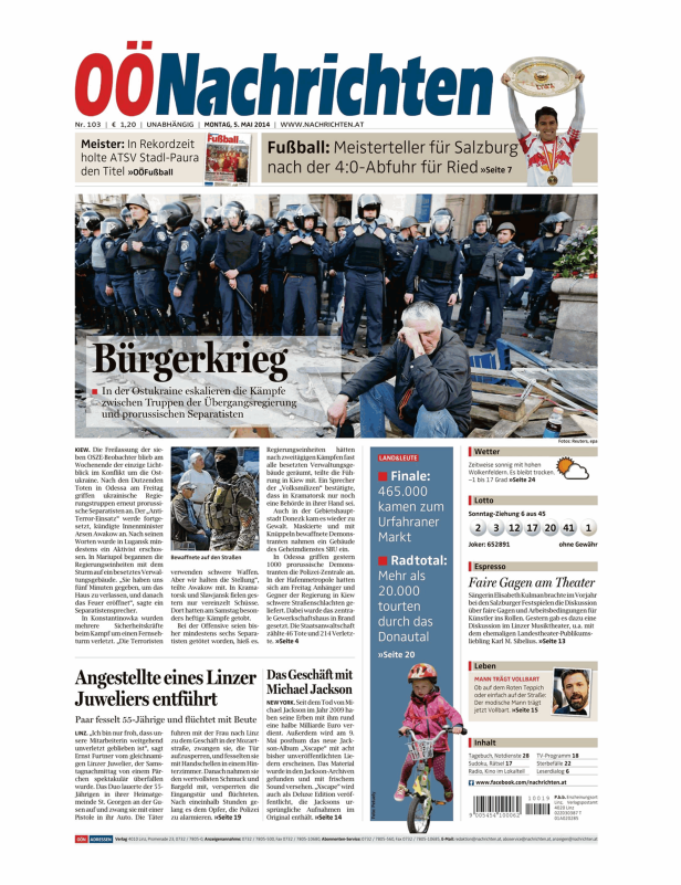 Titelseite der OÖNachrichten vom 5. Mai 2014 mit dem Titelthema „Bürgerkrieg“ in der Ostukraine.