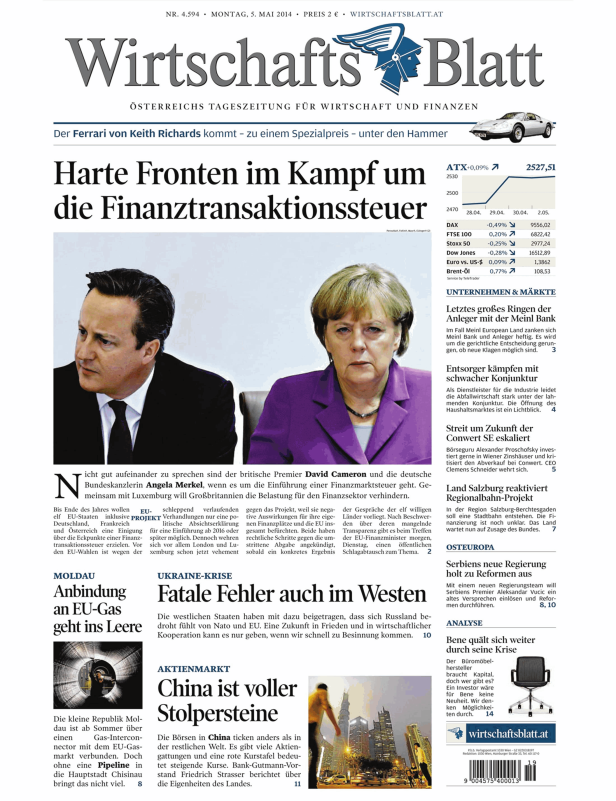 Titelseite des Wirtschaftsblatt vom 5. Mai 2014 mit Artikeln zu Wirtschaft und Finanzen.