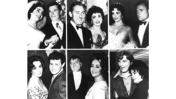 Eine Collage von Schwarzweißfotos von Elizabeth Taylor mit ihren Ehemännern.