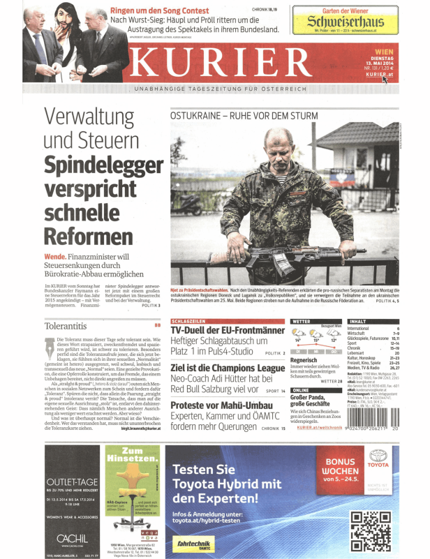 Titelseite des Kurier vom 13. Mai 2014 mit Artikeln zu Politik, Sport und Wirtschaft.