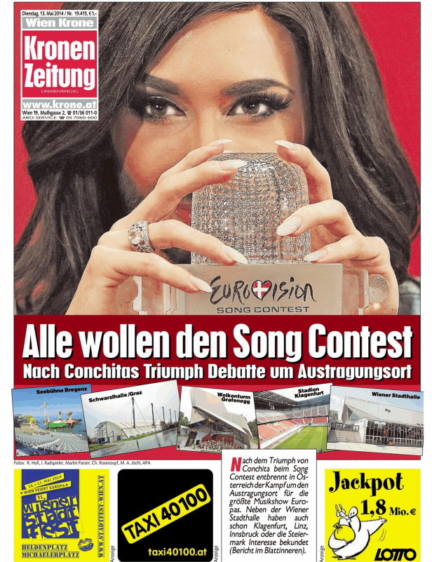 Titelseite der Kronen Zeitung vom 13. Mai 2014 mit Conchita Wurst und dem Eurovision Song Contest Pokal.