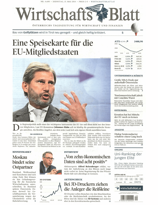 Titelseite des Wirtschaftsblatt vom 13. Mai 2014.