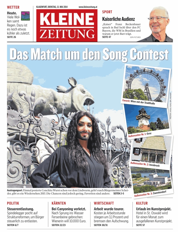 Titelseite der Kleinen Zeitung vom 13. Mai 2014 mit Conchita Wurst im Vordergrund.