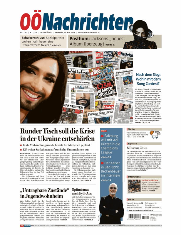 Titelseite der OÖNachrichten vom 13. Mai 2014 mit Artikeln über die Ukraine, Conchita Wurst und Sport.