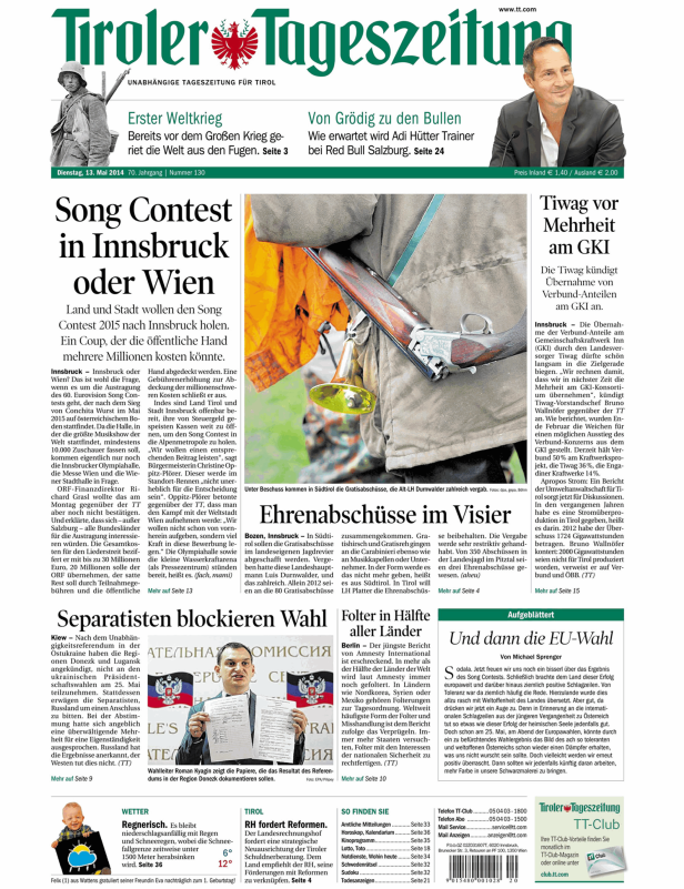 Ausschnitt aus der Titelseite der Tiroler Tageszeitung vom 13. Mai 2014.