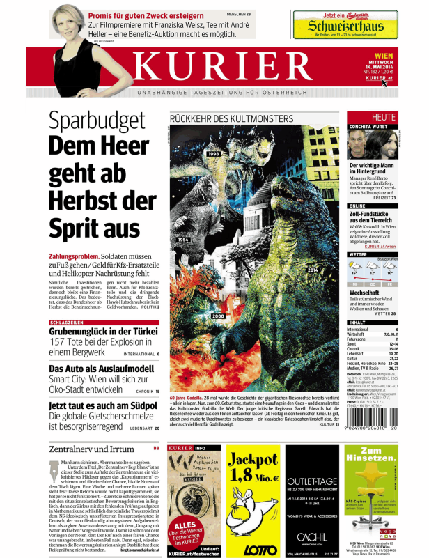 Titelseite des Kurier vom 14. Mai 2014 mit Artikeln über Godzilla, das Bundesheer und Conchita Wurst.