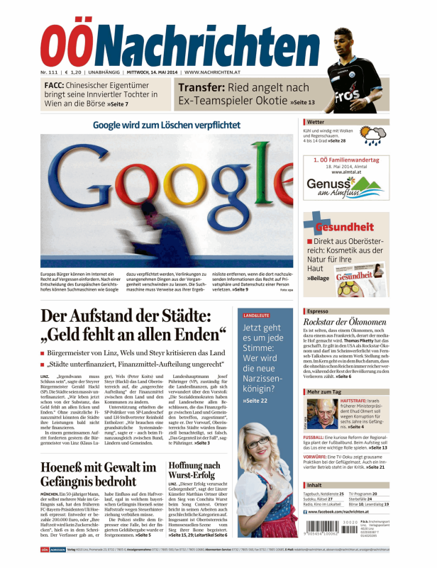 Titelseite der „OÖNachrichten“ vom 14. Mai 2014 mit dem Google-Logo und Artikeln zu verschiedenen Themen.