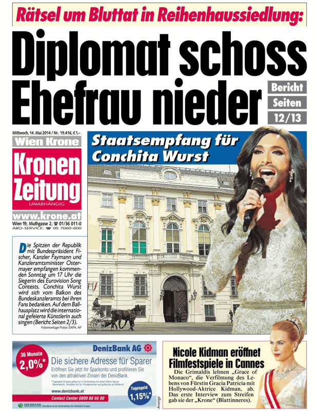 Titelseite der Kronen Zeitung mit einem Artikel über Conchita Wurst.