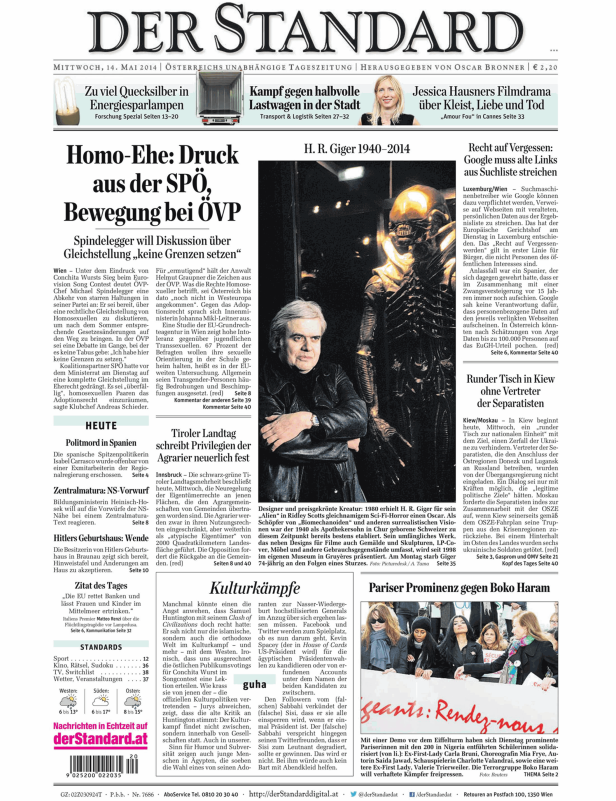 Titelseite der Zeitung „Der Standard“ vom 14. Mai 2014 mit Artikeln zu verschiedenen Themen.