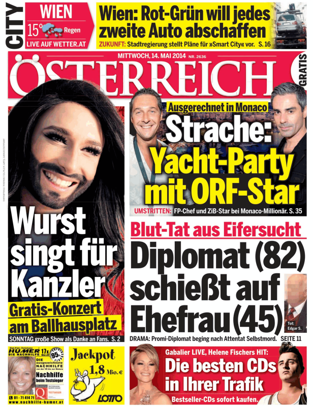Titelseite der Zeitung „Österreich“ vom 14. Mai 2014 mit Conchita Wurst und Schlagzeilen.