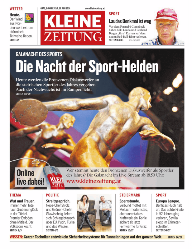 Titelseite der Kleinen Zeitung vom 15. Mai 2014 mit dem Titel „Die Nacht der Sport-Helden“.
