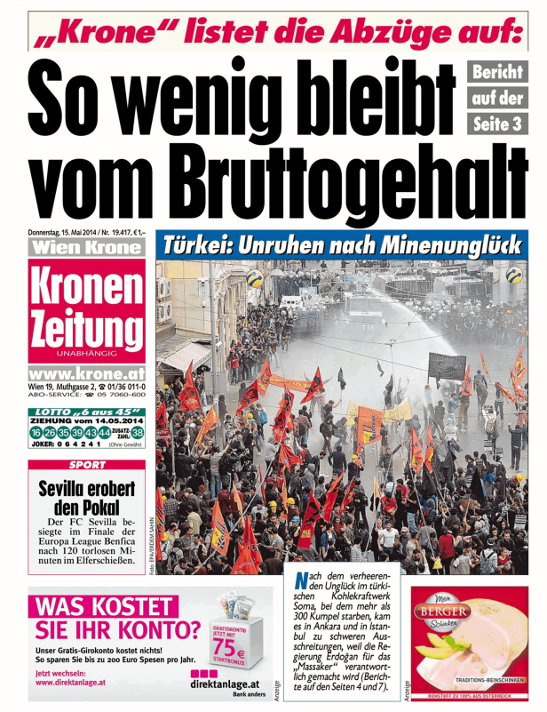 Titelseite der „Kronen Zeitung“ vom 15. Mai 2014 mit Berichten über Unruhen in der Türkei nach einem Minenunglück.