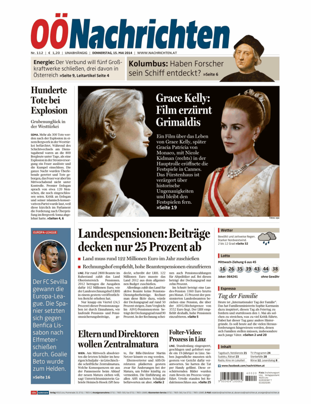 Titelseite der OÖNachrichten vom 15. Mai 2014 mit Artikeln zu verschiedenen Themen.