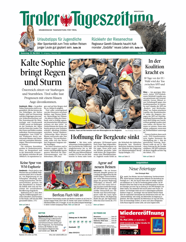 Titelseite der Tiroler Tageszeitung vom 15. Mai 2014.