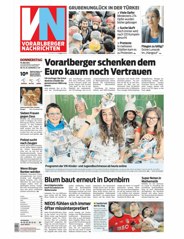 Titelseite der Vorarlberger Nachrichten vom 15. Mai 2014.