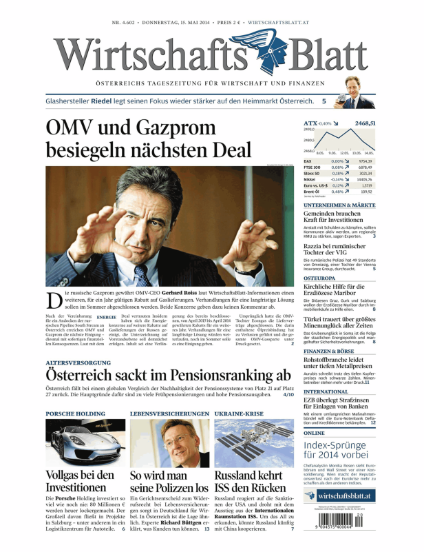 Titelseite des WirtschaftsBlatt vom 15. Mai 2014 mit dem Titel „OMV und Gazprom besiegeln nächsten Deal“.