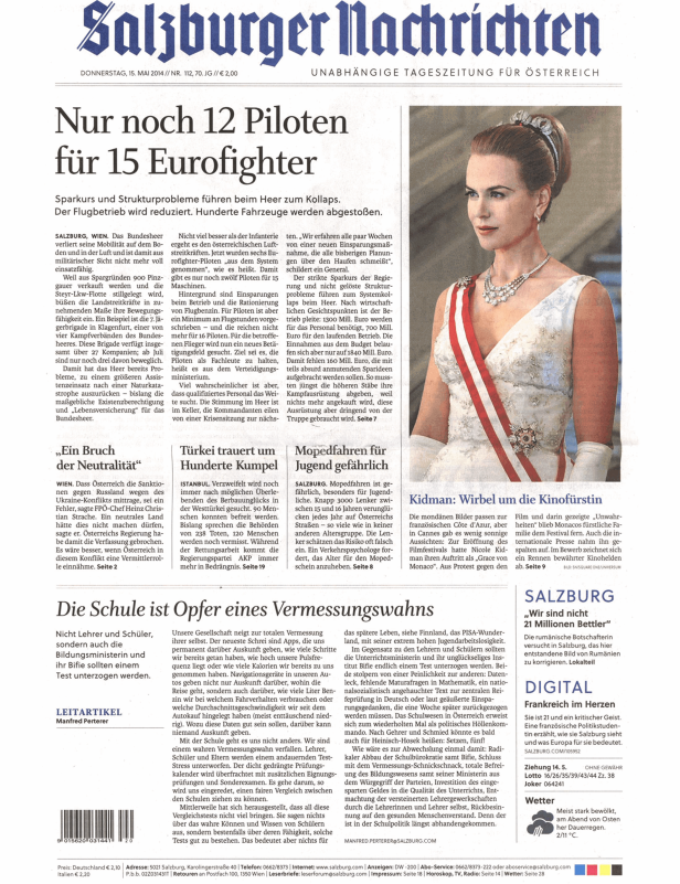 Titelseite der Salzburger Nachrichten vom 15. Mai 2014.