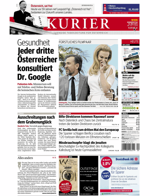 Titelseite des Kurier vom 15. Mai 2014 mit Artikeln über Gesundheit, Politik und Kultur.