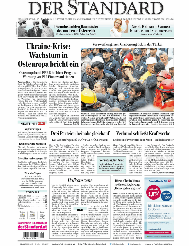 Titelseite der Zeitung Der Standard vom 15. Mai 2014.