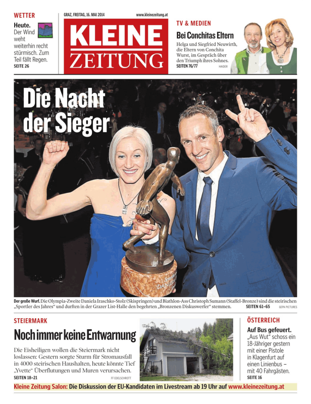 Daniela Iraschko-Stolz und Christoph Sumann mit dem „Bronzenen Diskuswerfer“ als „Sportler des Jahres“ geehrt.
