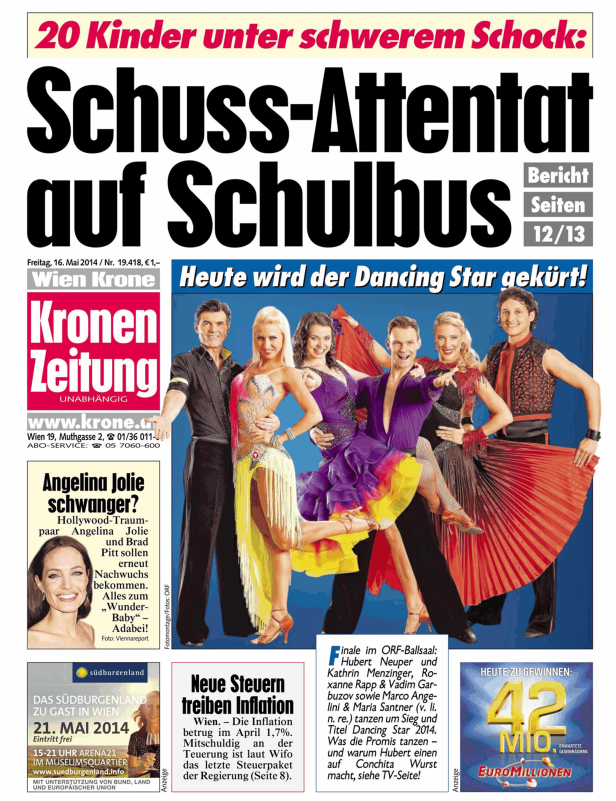 Titelseite der Kronen Zeitung vom 16. Mai 2014 mit Schlagzeilen und Bildern.