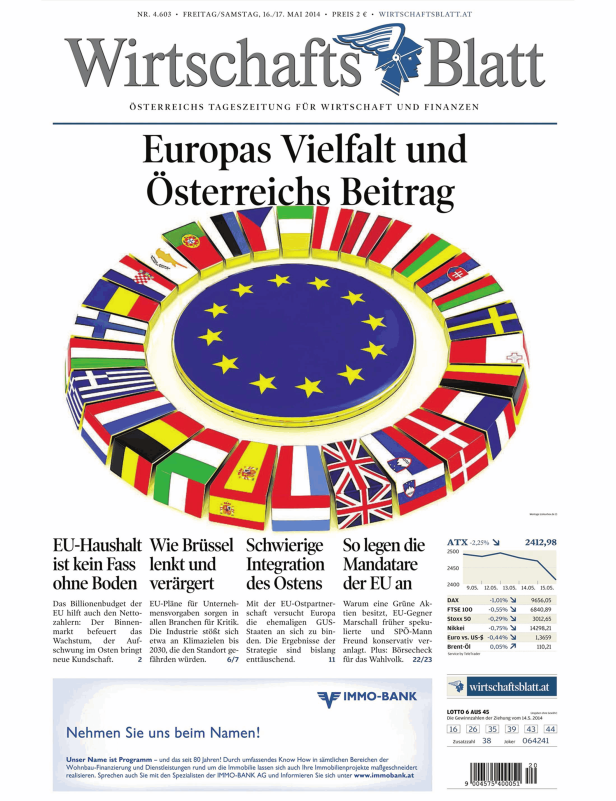 Titelseite des Wirtschaftsblatt vom 16./17. Mai 2014 mit dem Titel „Europas Vielfalt und Österreichs Beitrag“.