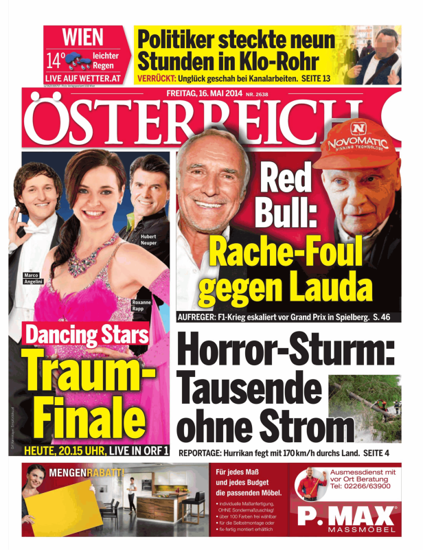Titelseite der österreichischen Zeitung „Österreich“ vom 16. Mai 2014 mit Schlagzeilen zu Politik, Sport und Wetter.