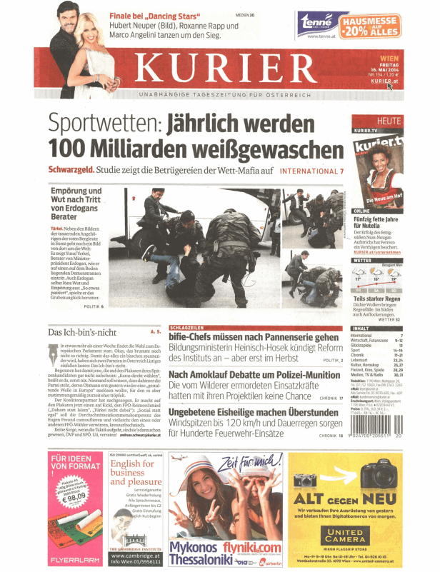 Titelseite des Kurier vom 16. Mai 2014 mit verschiedenen Nachrichten und Anzeigen.