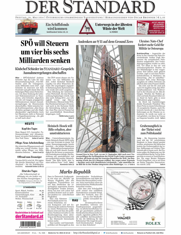 Titelseite der Zeitung „Der Standard“ vom 16. Mai 2014.