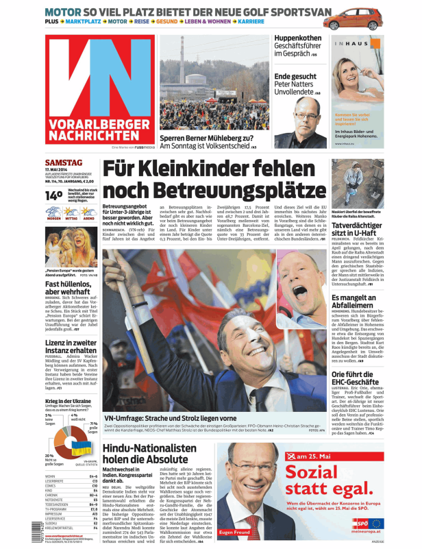 Titelseite der Vorarlberger Nachrichten vom 17. Mai 2014 mit verschiedenen Artikeln.