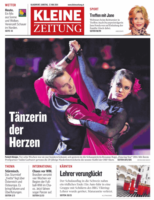Ein Tanzpaar in Bewegung auf der Titelseite der Kleinen Zeitung.