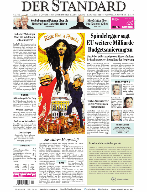 Titelseite des „Der Standard“ vom 17./18. Mai 2014 mit einer Karikatur von Conchita Wurst.
