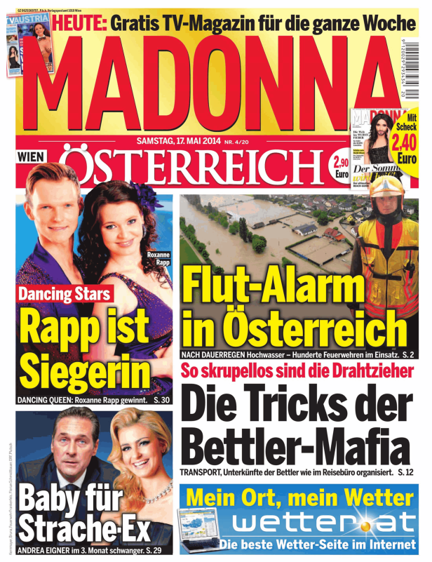 Die Titelseite der Zeitschrift „Madonna“ vom 17. Mai 2014 mit Schlagzeilen zu Roxanne Rapp und einer Flutkatastrophe in Österreich.