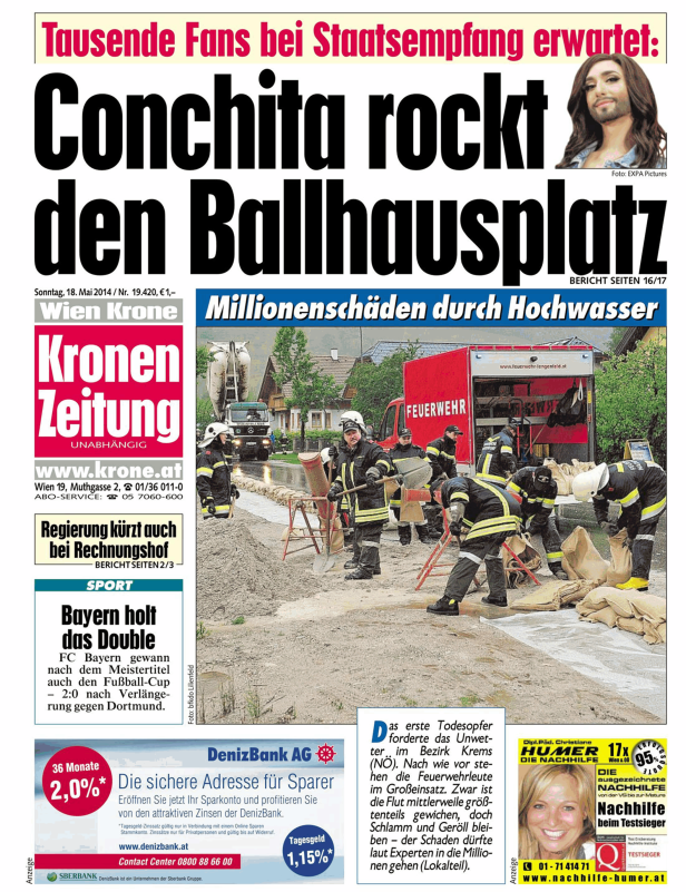Ein Zeitungsartikel der „Kronen Zeitung“ mit dem Titel „Conchita rockt den Ballhausplatz“ und einem Bild von Conchita Wurst.