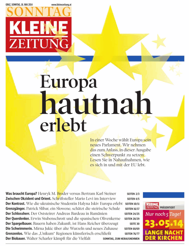 Titelseite der Kleinen Zeitung vom 18. Mai 2014 mit dem Titel „Europa hautnah erlebt“.