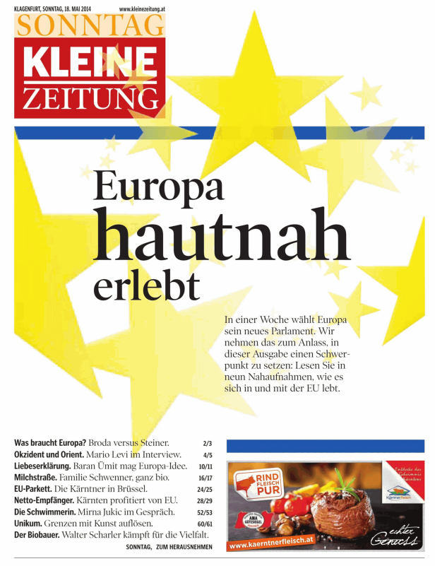 Titelseite der Kleinen Zeitung vom 18. Mai 2014 mit dem Titel „Europa hautnah erlebt“.