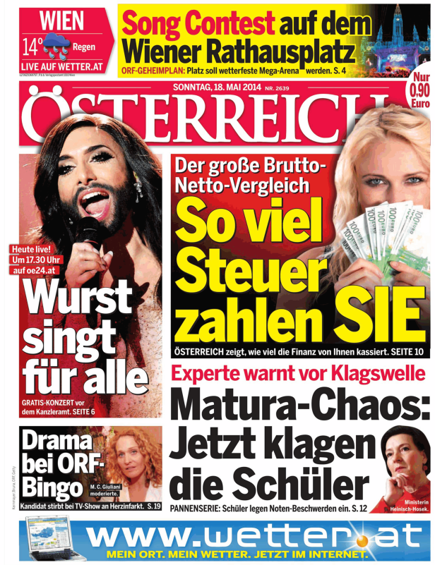 Titelseite der Zeitung „Österreich“ vom 18. Mai 2014 mit Conchita Wurst auf der Titelseite.