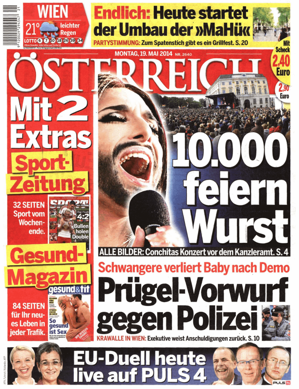 Titelseite der Zeitung „Österreich“ vom 19. Mai 2014 mit Conchita Wurst im Vordergrund und der Schlagzeile „10.000 feiern Wurst“.